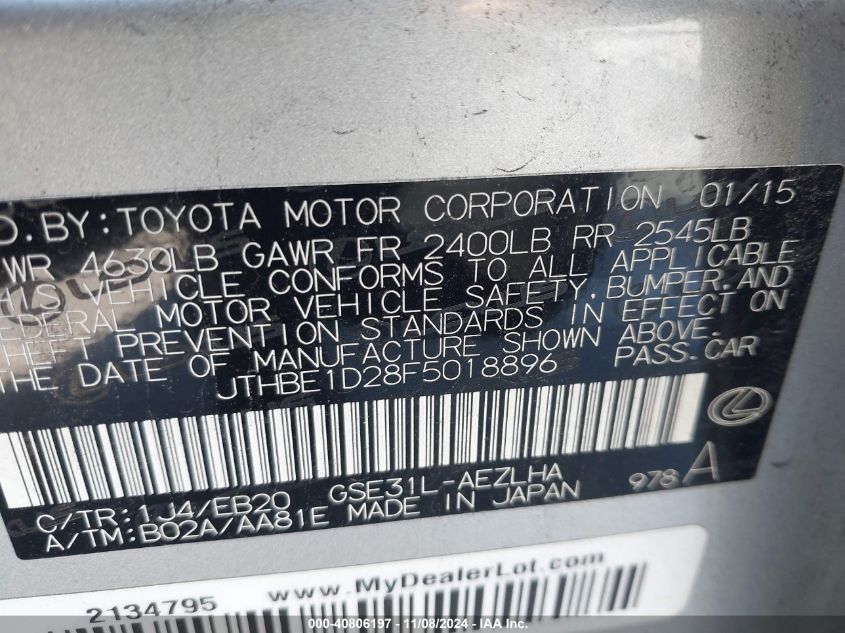 2015 LEXUS IS 350 - JTHBE1D28F5018896