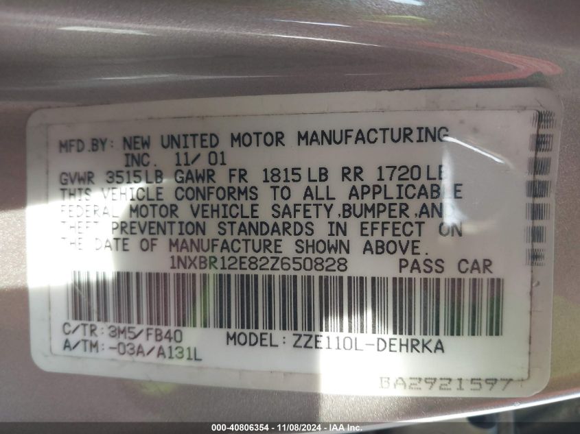 2002 Toyota Corolla Ce VIN: 1NXBR12E82Z650828 Lot: 40806354