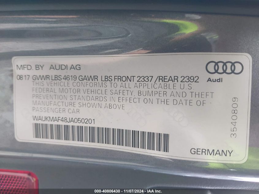 2018 Audi A4 2.0T Ultra Premium VIN: WAUKMAF48JA050201 Lot: 40806430