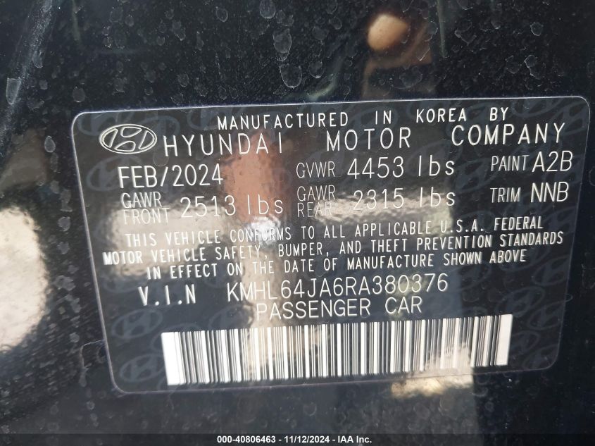 2024 Hyundai Sonata Sel VIN: KMHL64JA6RA380376 Lot: 40806463