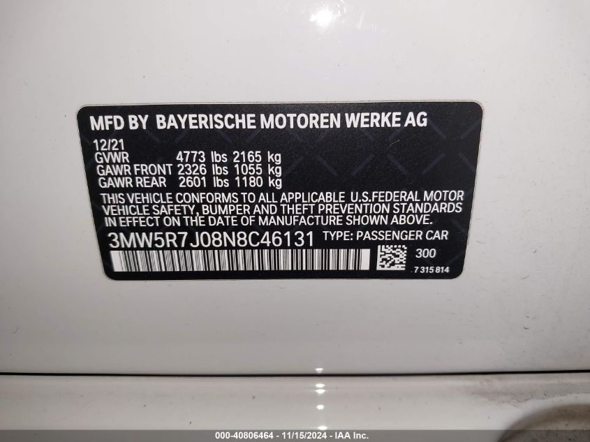 2022 BMW 330I xDrive VIN: 3MW5R7J08N8C46131 Lot: 40806464