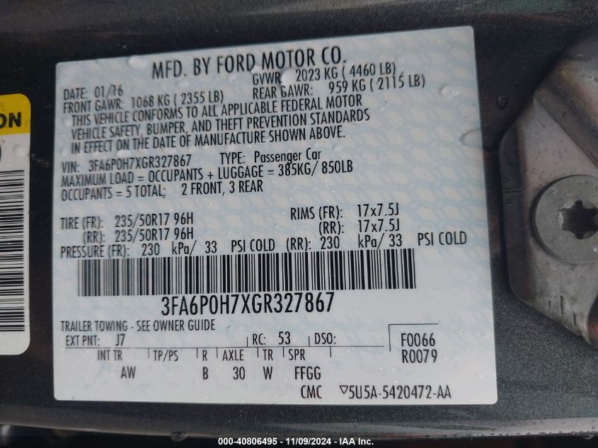 2016 FORD FUSION SE - 3FA6P0H7XGR327867