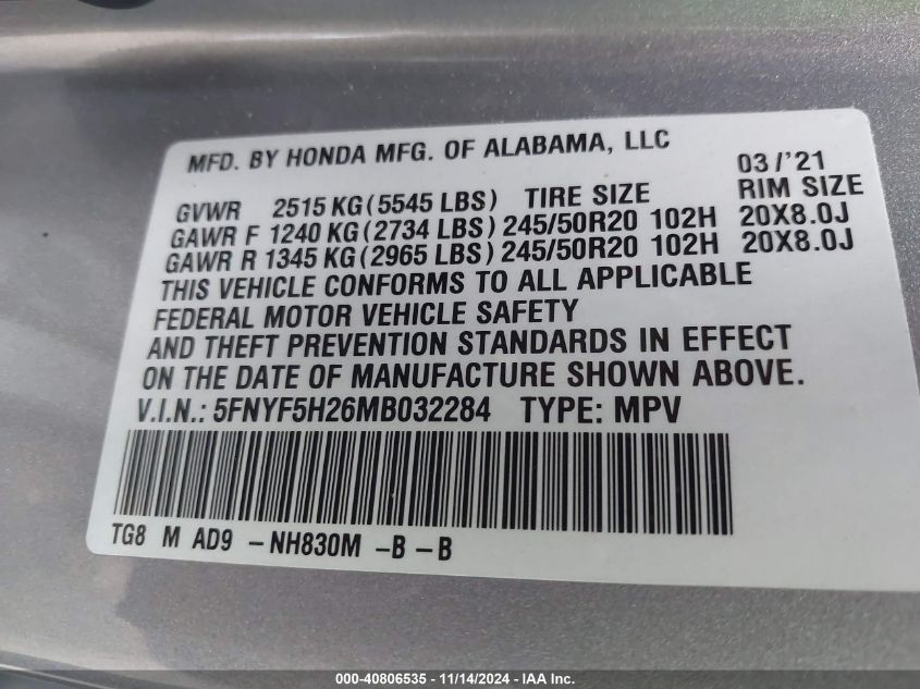 2021 Honda Pilot 2Wd Special Edition VIN: 5FNYF5H26MB032284 Lot: 40806535