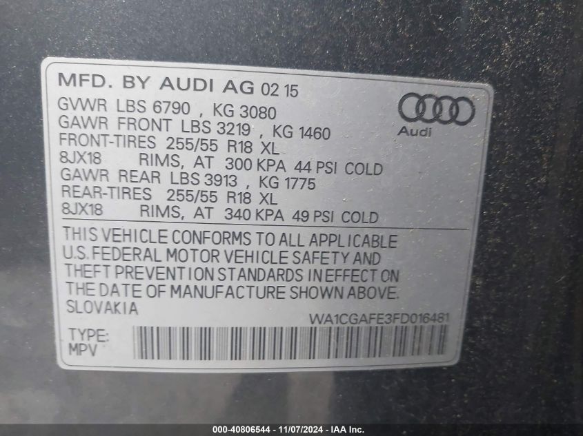 2015 Audi Q7 3.0T Premium VIN: WA1CGAFE3FD016481 Lot: 40806544