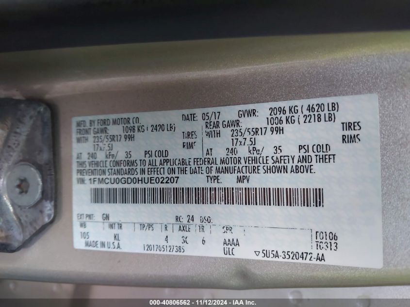 VIN 1FMCU0GD0HUE02207 2017 Ford Escape, SE no.9