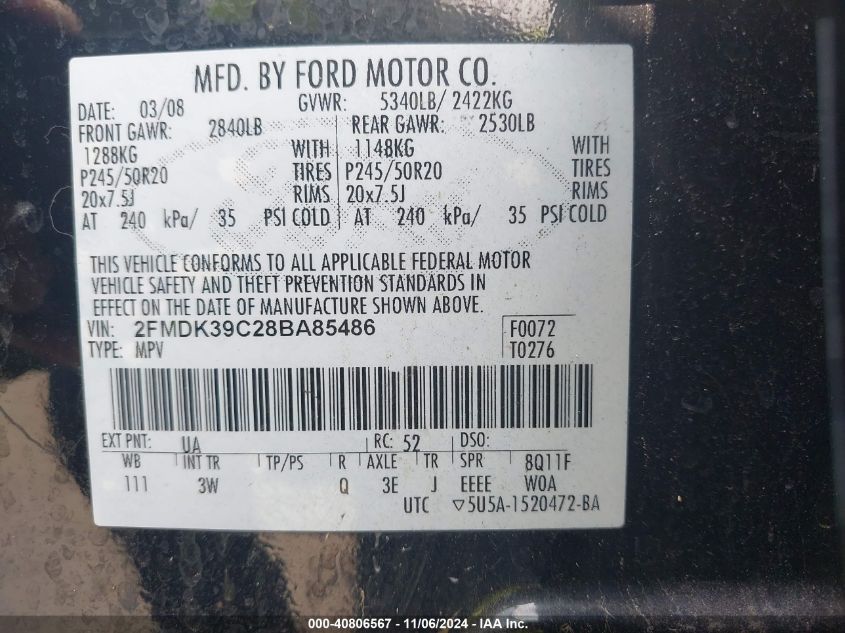 2008 Ford Edge Limited VIN: 2FMDK39C28BA85486 Lot: 40806567