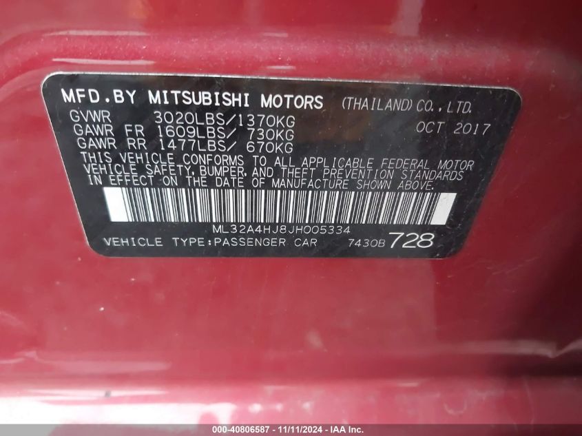 2018 Mitsubishi Mirage Se VIN: ML32A4HJ8JH005334 Lot: 40806587