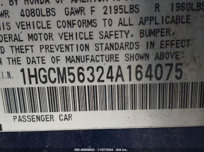 2004 Honda Accord Sdn Lx VIN: 1HGCM56324A164075 Lot: 40806602