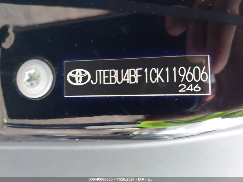 2012 Toyota Fj Cruiser VIN: JTEBU4BF1CK119606 Lot: 40806630