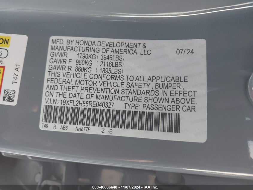 2024 Honda Civic Sport VIN: 19XFL2H85RE040327 Lot: 40806648