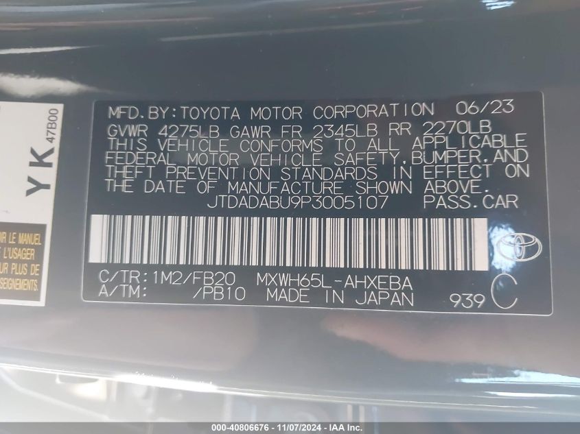 2023 Toyota Prius Le Awd-E VIN: JTDADABU9P3005107 Lot: 40806676