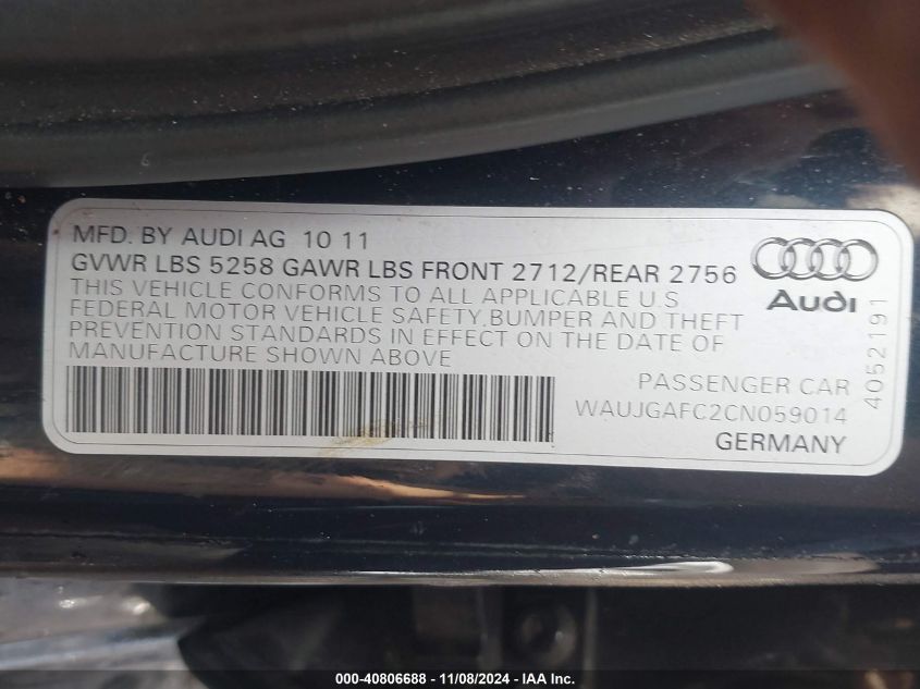 2012 Audi A6 3.0 Premium VIN: WAUJGAFC2CN059014 Lot: 40806688