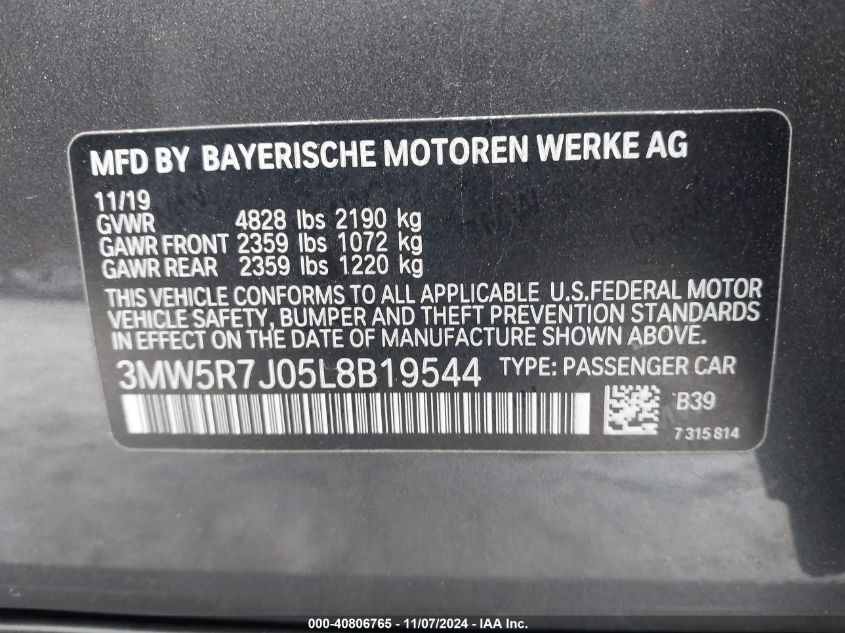 2020 BMW 330I xDrive VIN: 3MW5R7J05L8B19544 Lot: 40806765