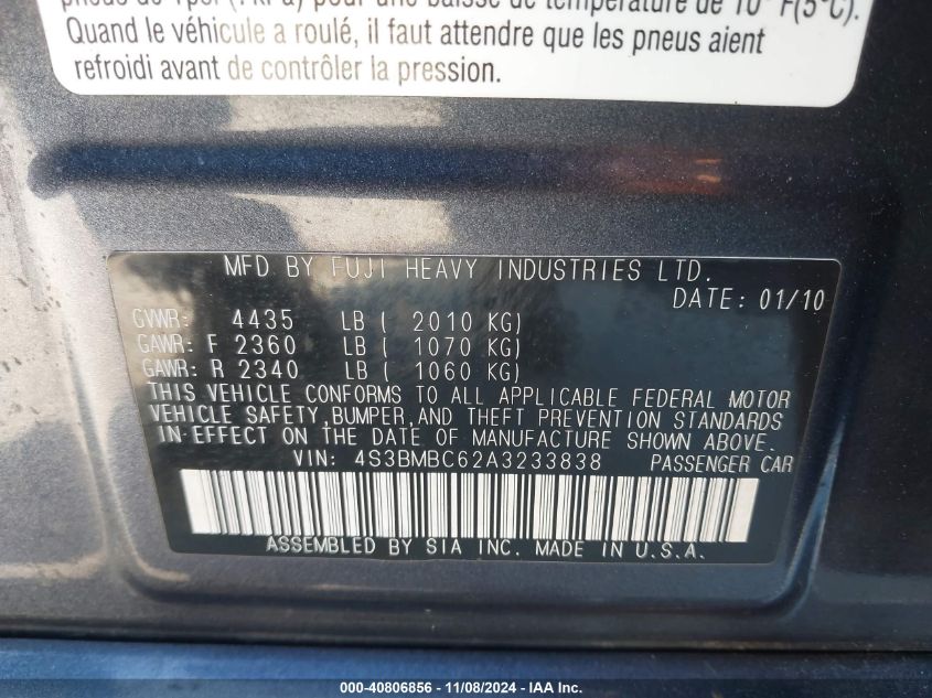 2010 SUBARU LEGACY VIN: 4S3BMBC62A3233838