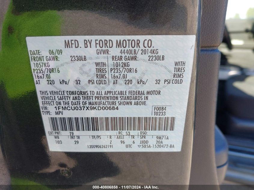 2009 Ford Escape Xlt VIN: 1FMCU037X9KD00684 Lot: 40806858