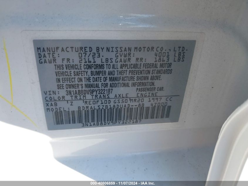 2023 Nissan Sentra Sr Xtronic Cvt VIN: 3N1AB8DV9PY322187 Lot: 40806859