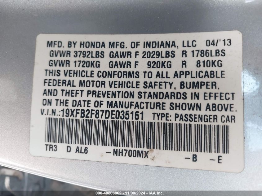 2013 Honda Civic Ex VIN: 19XFB2F87DE035161 Lot: 40806862