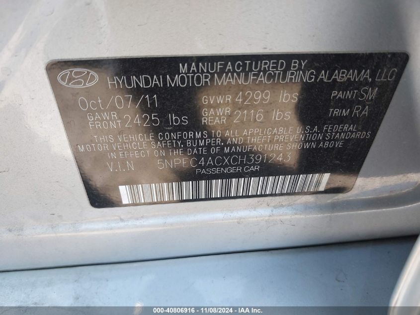 2012 Hyundai Sonata Se VIN: 5NPEC4ACXCH391243 Lot: 40806916