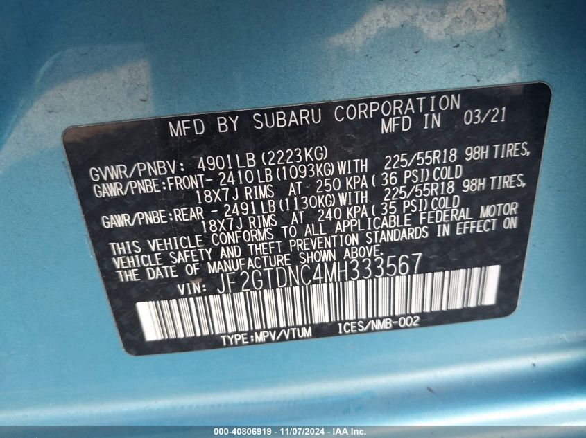 2021 Subaru Crosstrek Hybrid VIN: JF2GTDNC4MH333567 Lot: 40806919