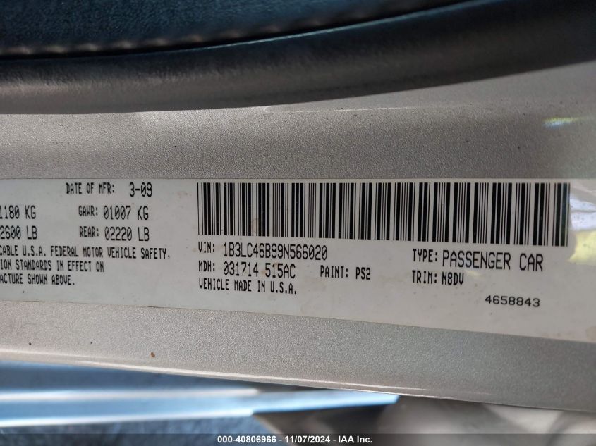 2009 DODGE AVENGER VIN: 1B3LC46B99N566020