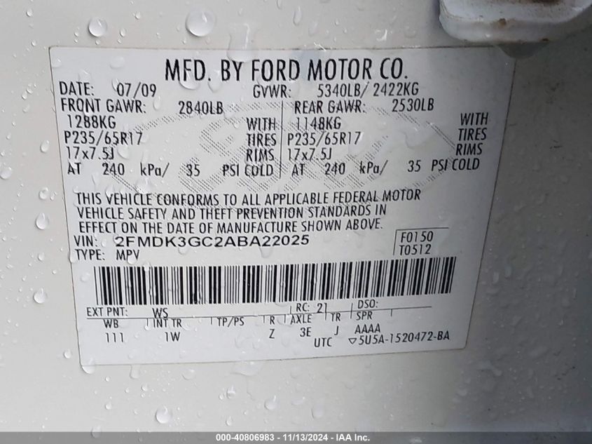 2010 Ford Edge Se VIN: 2FMDK3GC2ABA22025 Lot: 40806983