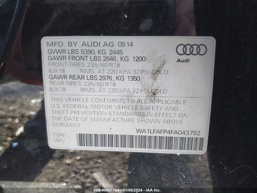 2015 Audi Q5 2.0T Premium VIN: WA1LFAFP4FA043792 Lot: 40807164