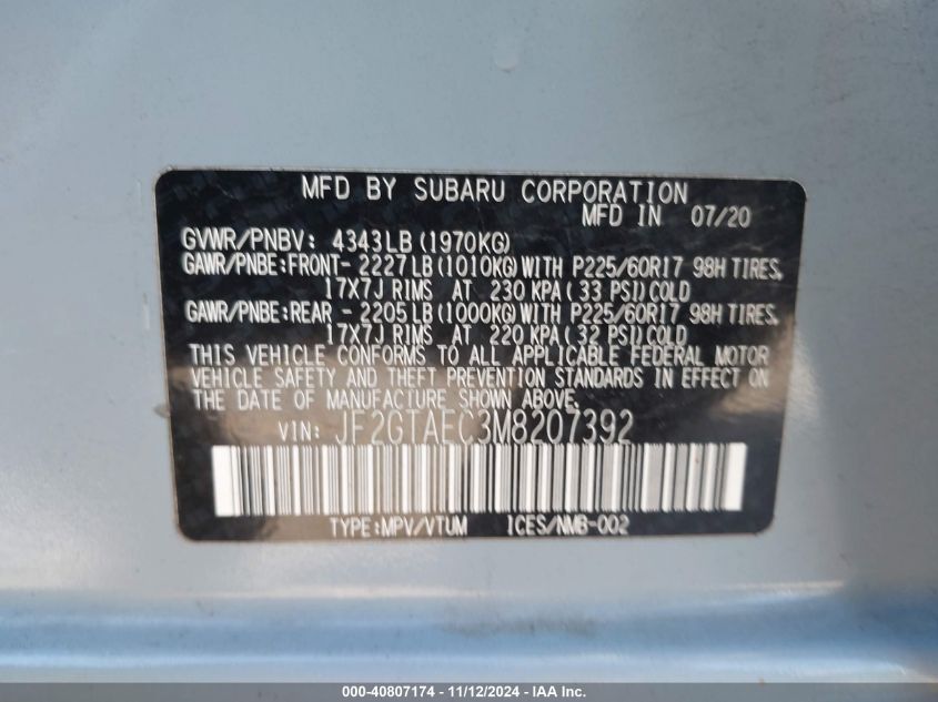 2021 SUBARU CROSSTREK PREMIUM - JF2GTAEC3M8207392