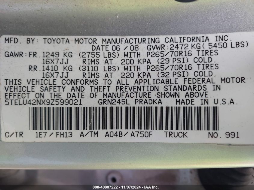 2009 Toyota Tacoma Double Cab VIN: 5TELU42NX9Z599021 Lot: 40807222