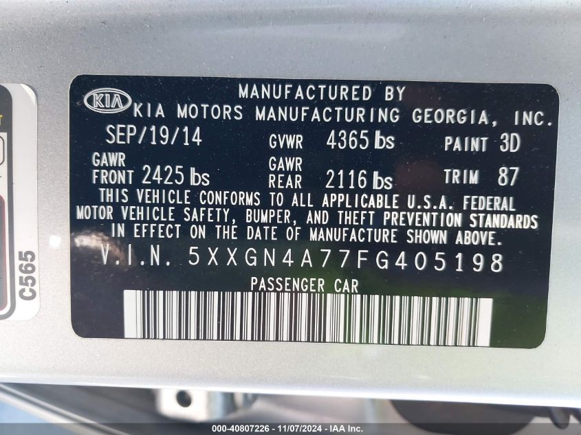 2015 Kia Optima Ex VIN: 5XXGN4A77FG405198 Lot: 40807226