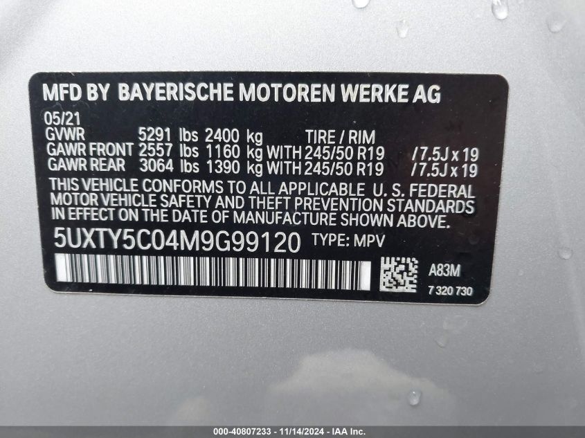 2021 BMW X3 xDrive30I VIN: 5UXTY5C04M9G99120 Lot: 40807233