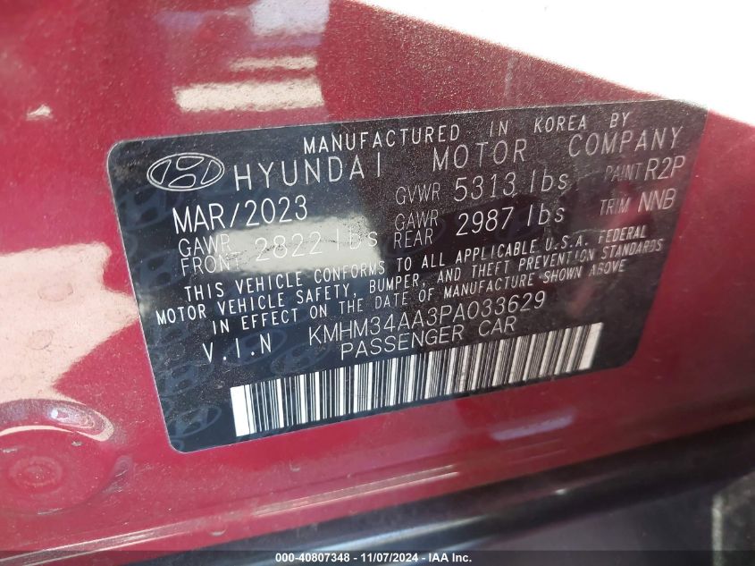 2023 Hyundai Ioniq 6 Sel VIN: KMHM34AA3PA033629 Lot: 40807348