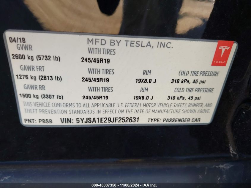 2018 Tesla Model S 100D/75D/P100D VIN: 5YJSA1E29JF252631 Lot: 40807350