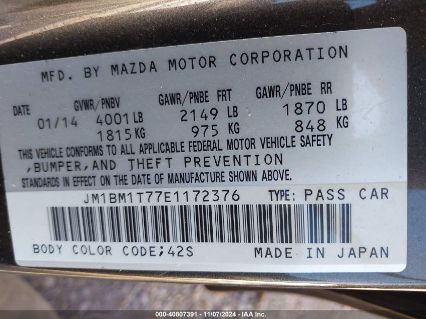 2014 Mazda Mazda3 I Sv VIN: JM1BM1T77E1172376 Lot: 40807391