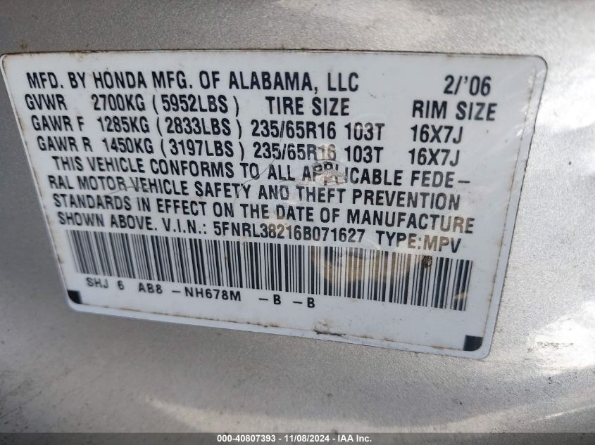 2006 Honda Odyssey Lx VIN: 5FNRL38216B071627 Lot: 40807393