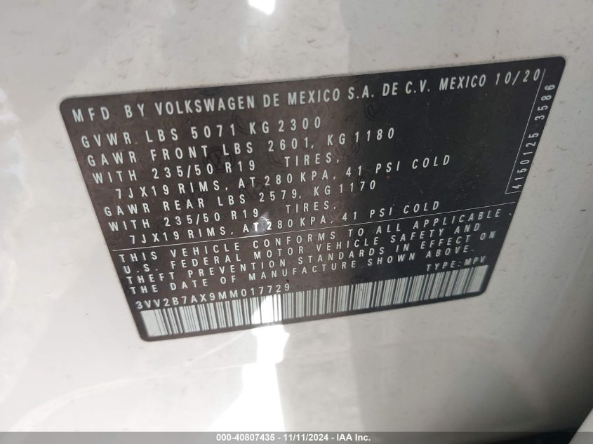 VIN 3VV2B7AX9MM017729 2021 Volkswagen Tiguan, 2.0T... no.9