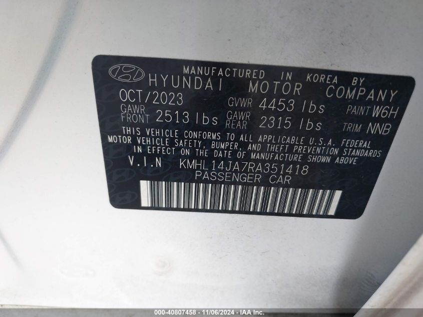 2024 Hyundai Sonata Sel VIN: KMHL14JA7RA351418 Lot: 40807458