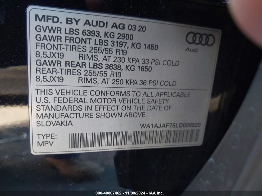 2020 Audi Q7 Premium VIN: WA1AJAF75LD008520 Lot: 40807462