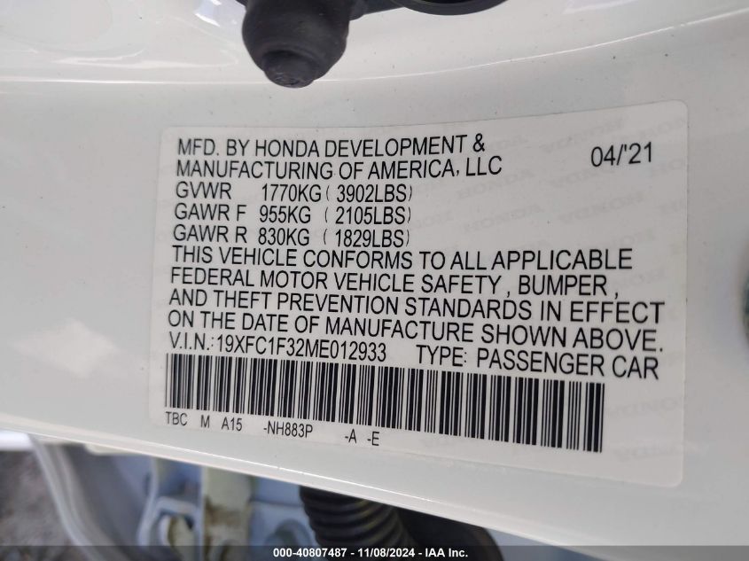 2021 Honda Civic Ex VIN: 19XFC1F32ME012933 Lot: 40807487