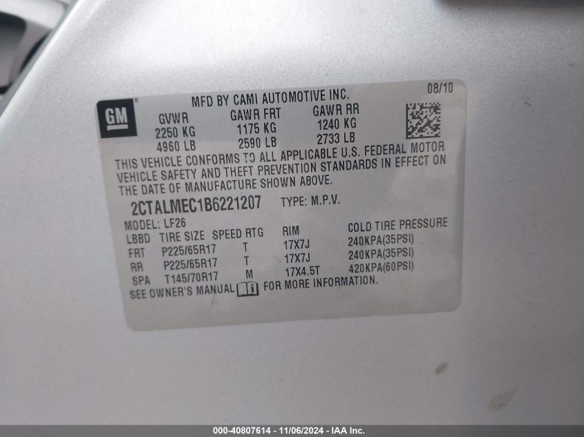 2011 GMC Terrain Sle-1 VIN: 2CTALMEC1B6221207 Lot: 40807614