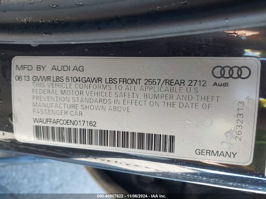 2014 Audi A6 2.0T Premium VIN: WAUFFAFC0EN017162 Lot: 40807622