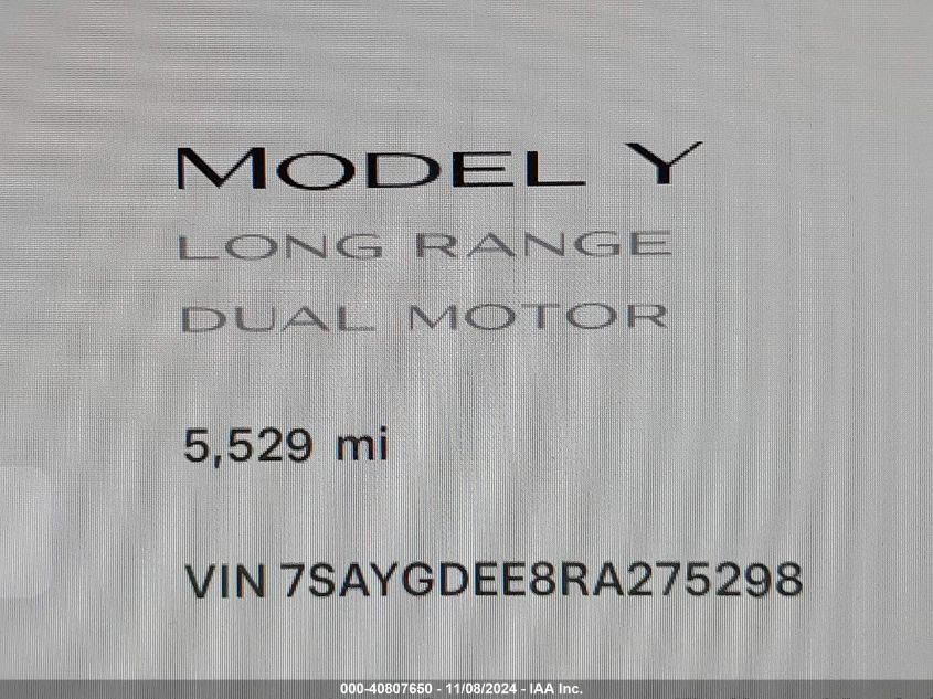 2024 Tesla Model Y Long Range Dual Motor All-Wheel Drive VIN: 7SAYGDEE8RA275298 Lot: 40807650