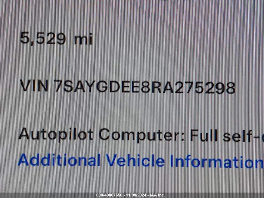 2024 Tesla Model Y Long Range Dual Motor All-Wheel Drive VIN: 7SAYGDEE8RA275298 Lot: 40807650