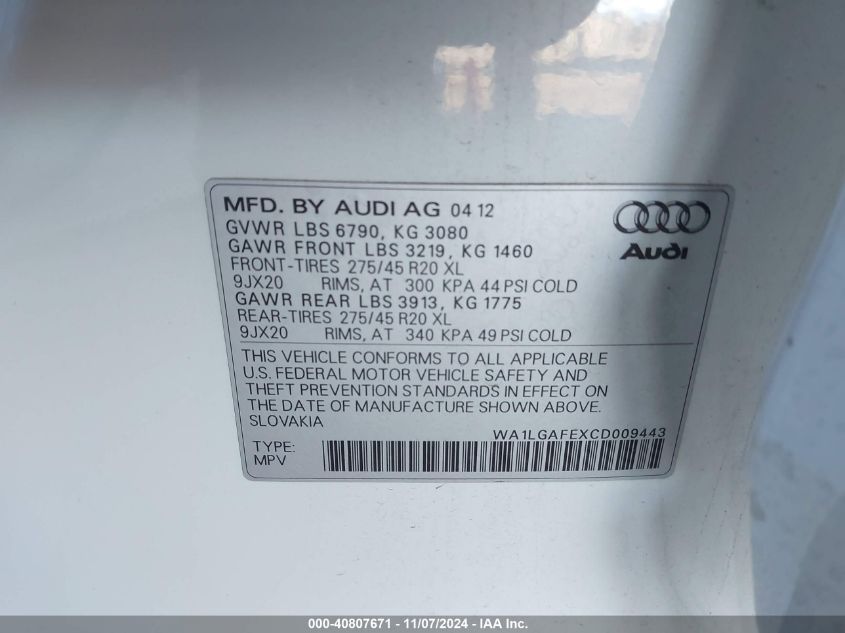 2012 Audi Q7 3.0T Premium VIN: WA1LGAFEXCD009443 Lot: 40807671