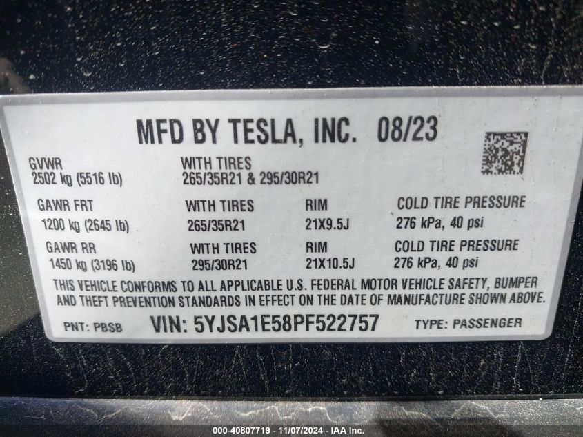 2023 Tesla Model S Dual Motor All-Wheel Drive/Standard Range VIN: 5YJSA1E58PF522757 Lot: 40807719