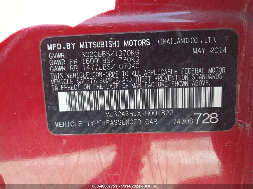 2015 Mitsubishi Mirage De VIN: ML32A3HJXFH001822 Lot: 40807751