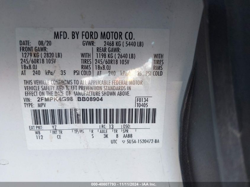 2020 Ford Edge Se VIN: 2FMPK4G98LBB08904 Lot: 40807793