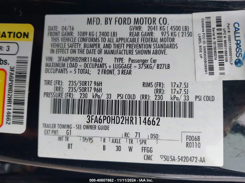 2017 FORD FUSION SE - 3FA6P0HD2HR114662