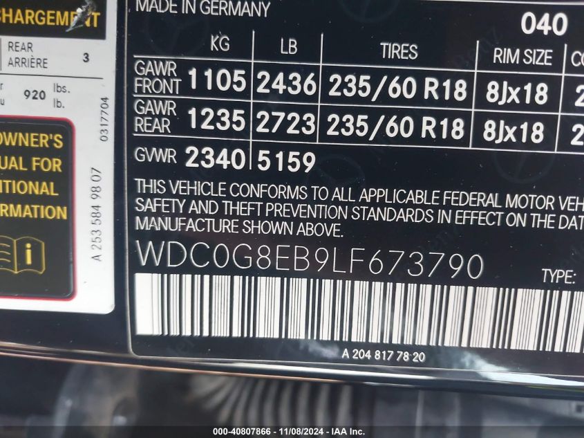 2020 Mercedes-Benz Glc 4Matic VIN: WDC0G8EB9LF673790 Lot: 40807866