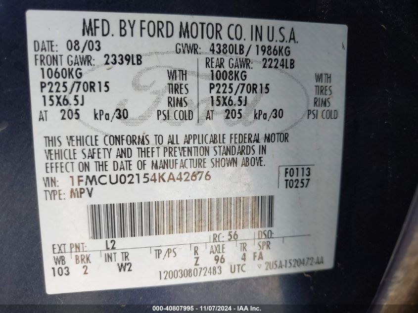 2004 Ford Escape Xls VIN: 1FMCU02154KA42676 Lot: 40807995