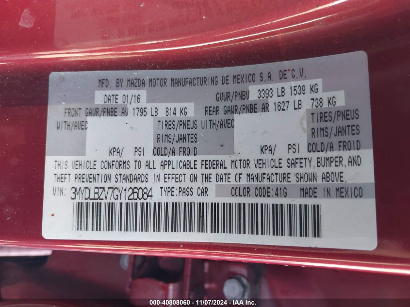 2016 SCION IA VIN: 3MYDLBZV7GY126084